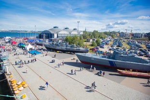 Scenic summer view of the Old Town and sea port harbor in Tallinn, Estonia.