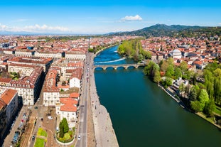 Photo of aerial view of Turin city center with landmark of Mole Antonelliana, Turin ,Italy ,Europe.