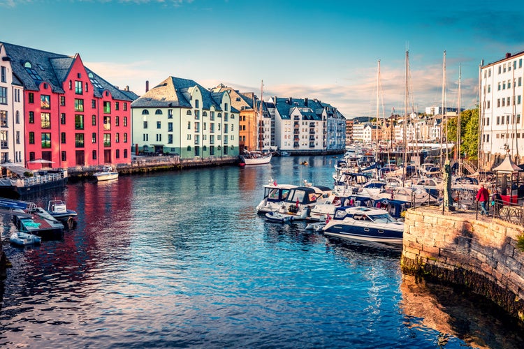 Great summer view of Alesund port town on the west coast of Norway, at the entrance to the Geirangerfjord. 