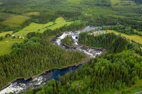 photo of aerial view of Ristafallet waterfall in Hålland in Sweden.