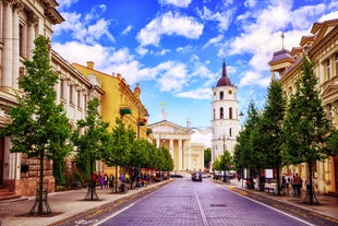 Scenic summer view of the Old Town and sea port harbor in Tallinn, Estonia.