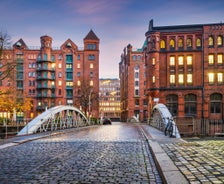 Beautiful view of Hamburg city center with town hall and Alster river, Germany.