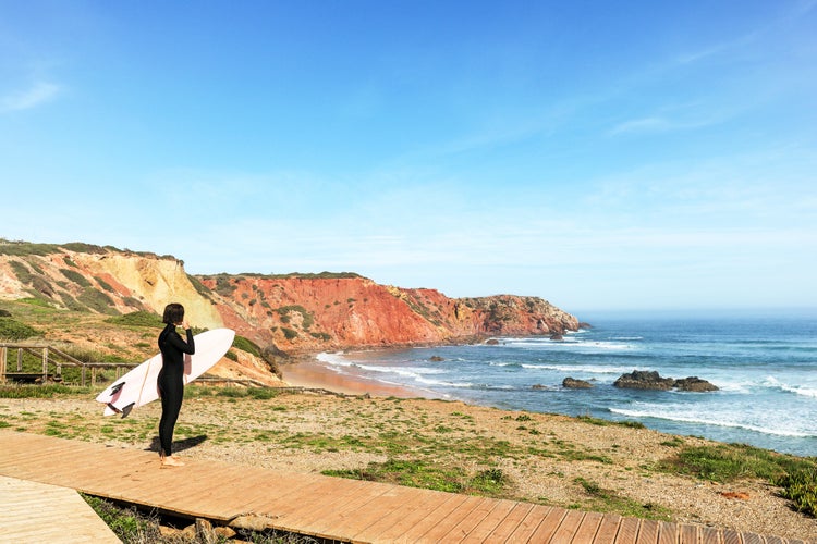 View to Praia do Amado, Beach and Surfer spot near Sagres and Lagos, Costa Vicentina Algarve Portugal.