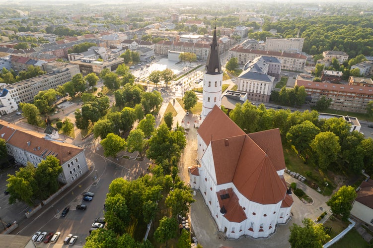 Aerial summer evening sunset view in sunny city Šiauliai