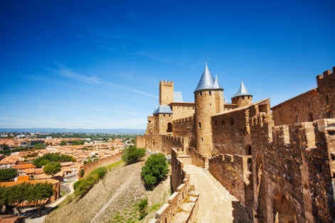 Photo of Western walls of Cite de Carcassonne in France.