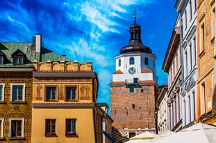 Photo of aerial view of Zamosc old town and city main square with town hall, Zamosc is a city in southeastern Poland.