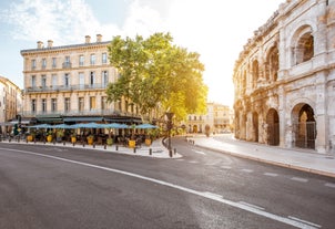 Photo of aerial view of Triumphal Arch or Arc de Triomphe in Montpellier city in France.