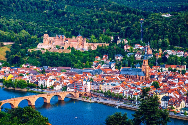 photo of view of Heidelberg skyline aerial view from above. Heidelberg skyline aerial view of old town river and bridge, Germany. Aerial View of Heidelberg, Germany Old Town. Video of the aerial view of Heidelberg.