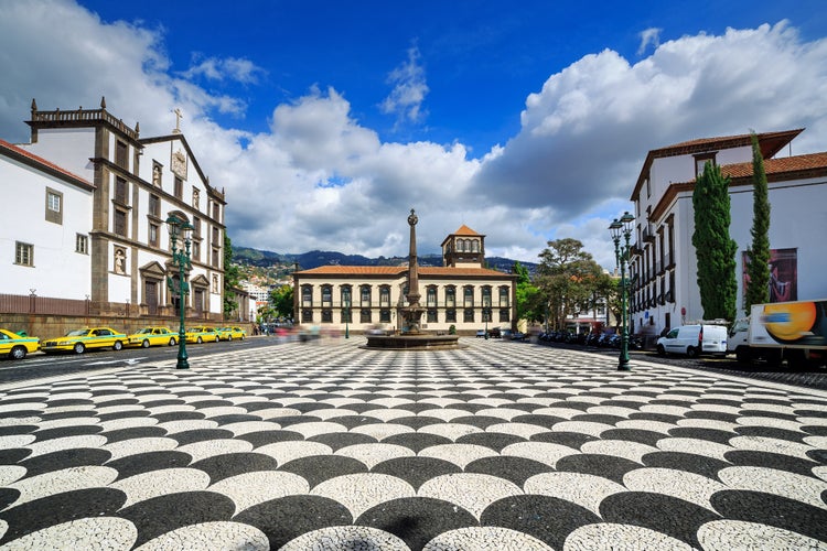 Photo of beautiful cityscape of the town square Praca do Municipio in Funchal, Portugal.