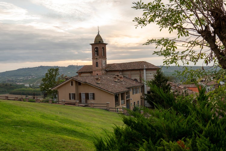 Photo of the church from The castle of Grinzane Cavour lies on top of a hill not far from Alba, overlooking the spectacular landscape of the Langhe hills, Italy.