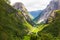 Stunning view from the Stalheimskleiva Road in Stalheim, Norway, one of the steepest roads in Northern Europe, built during 1842-1846.