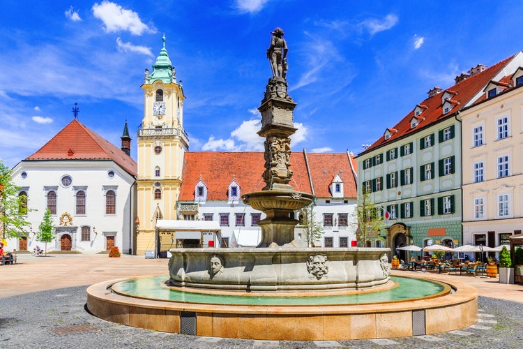  View of Bratislava main square with the city hall in the background.