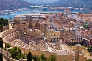 Photo of Murcia city centre and Segura river aerial panoramic view. Murcia is a city in south eastern Spain.