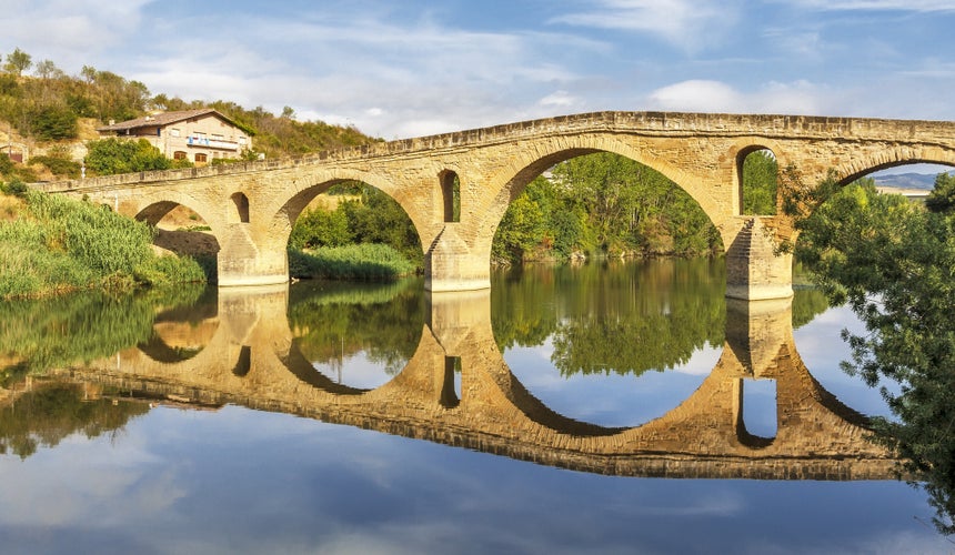 Photo of romanesque bridge over river Arga, Puente La Reina, Road to Santiago de Compostela, Navarre, Spain