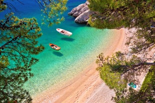 Photo of aerial view of gorgeous azure scene of summer Croatian landscape in Podgora, Dalmatia, Croatia.