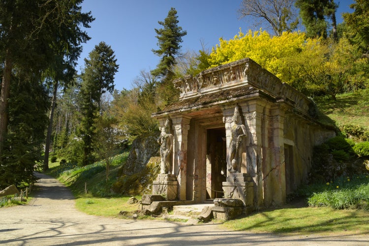 view of a buddhist temple in an oriental park in Maulévrier, France.