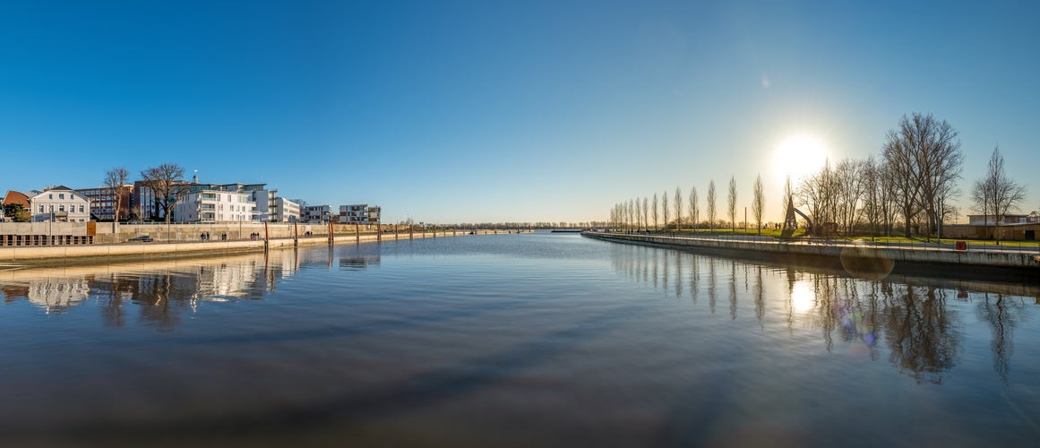 Wedel, Germany, near Hamburg. The Schulau Harbor (German: Schulauer Hafen) on a sunny winter day at sunset.