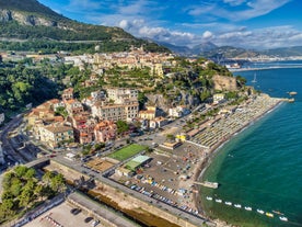 Photo of aerial morning view of Amalfi cityscape on coast line of Mediterranean sea, Italy.