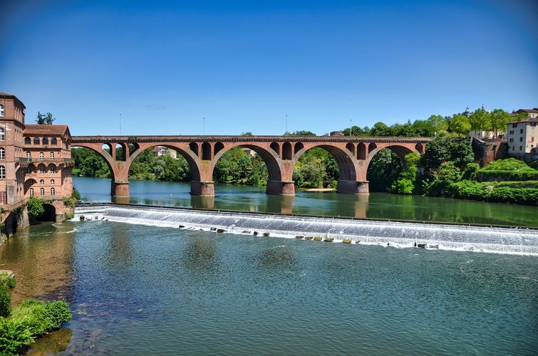 View of the August bridge and The Saint Cecile church in Albi, France. Horizontal shot