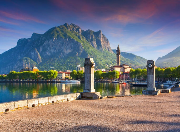 Typical italian village in the mountains. Italian village in Lecco Lake. Tower in Town Square in Lecco, Lake Lecco, Lombardy, Italy