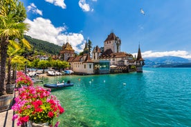 Bern, Switzerland. View of the old city center and Nydeggbrucke bridge over river Aare.