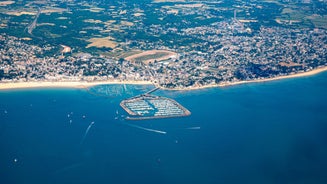 Photo of aerial view of the famous Saint Nazaire bridge over la Loire river in Loire Atlantique, France.