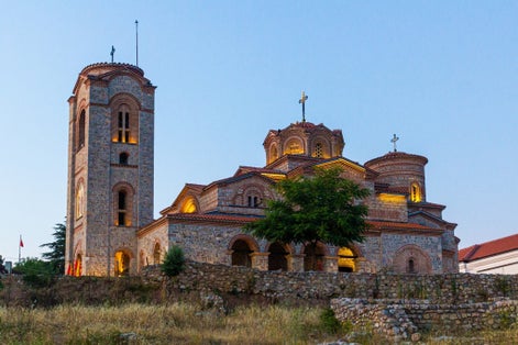 Photo of St. Clement’s Church in Ohrid ay sunset, North Macedonia.