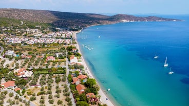 Photo of aerial view of Oludeniz Bay view in Fethiye Town, Turkey.