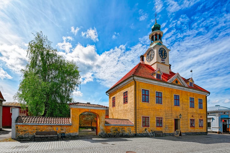 Old Rauma town hall - the only stone building among hundreds of wooden houses. Rauma is one of the oldest harbours in Finland, situated on the Gulf of Botnia. Finland