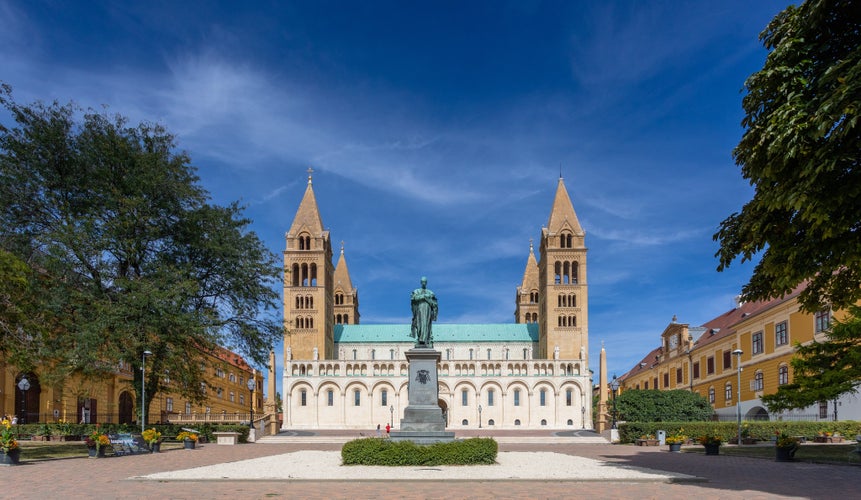 The Cathedral of Pécs (Pécsi Bazilika) with sunshine and blue sky