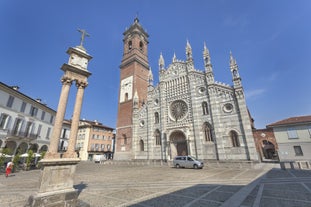 Photo of aerial view of the main square with church in Monza in north Italy.