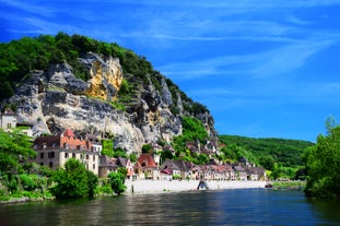 photo of the Bergerac town from bridge over Dordogne River in France.