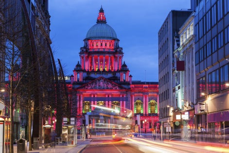 Illuminated Belfast City Hall at evening. Belfast, Northern Ireland, United Kingdom.