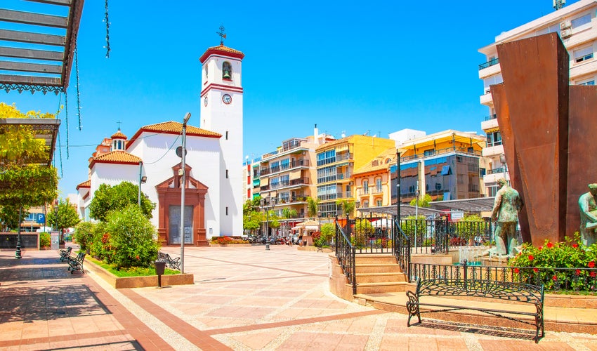 Fuengirola old town view and central square Plaza de la Constitucion. Popular touristic town in Andalusia province, near Malaga, Spain