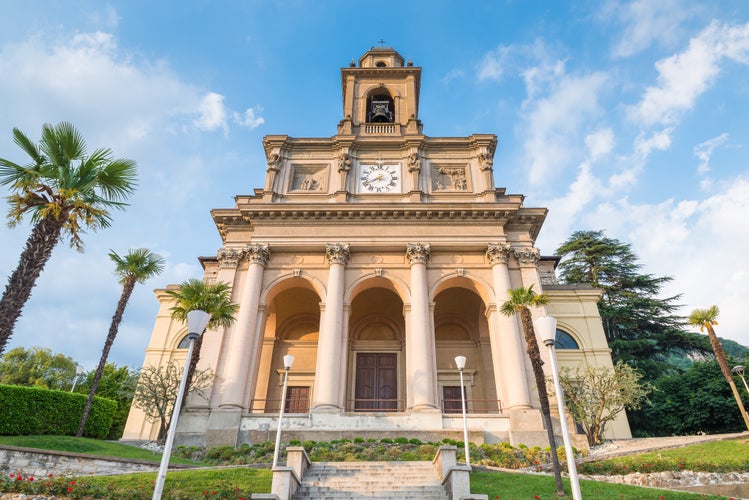 Photo of historic center of a Swiss city, Mendrisio with the main church of Saints Cosmas and Damian (Santi Cosma e Damiano), Canton Ticino, Switzerland.