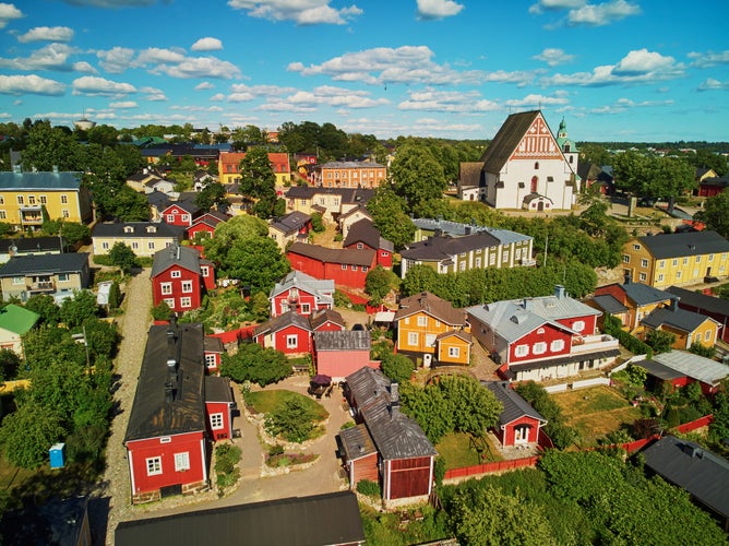 Scenic aerial view of historical town of Porvoo in Finland