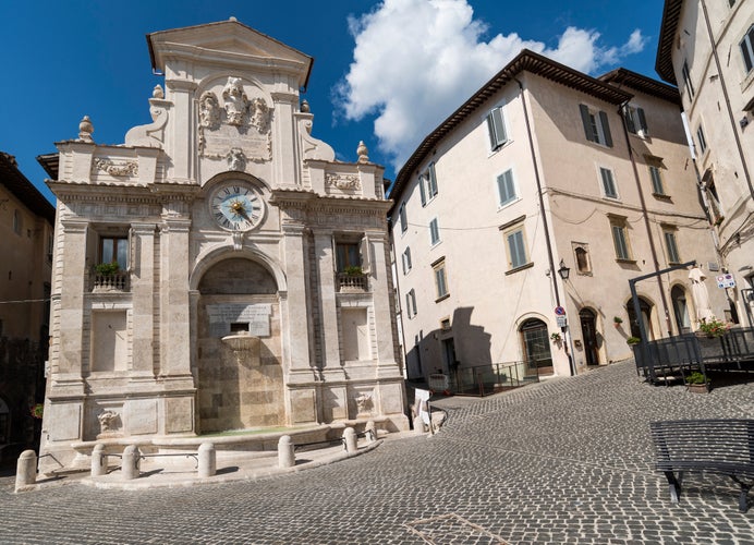 Fountain on the Piazza del Mercato in the center of Italian town Spoleto.