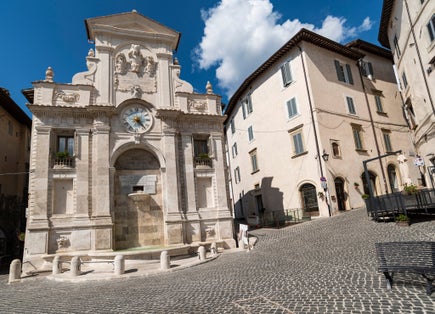 Fountain on the Piazza del Mercato in the center of Italian town Spoleto.
