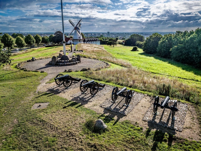 photo of view of Dybbol dybboel wind mill Danish national war monument 1964 in southern, Denmark.