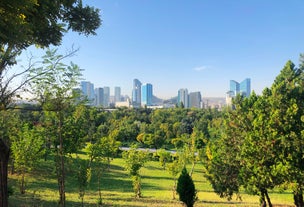 road landscape in the city. Turkey travel in summer. Highway view in beautiful city. Car driving on the road in city. Travel view in asian cities. Highway landscape in summer. Bursa, Turkey.