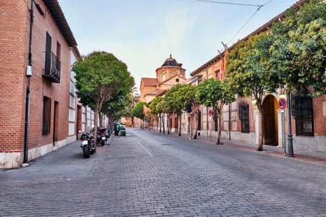 Photo of streets and Medieval Fair (closed) in Alcala de Henares, Spain.