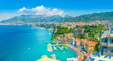 Photo of aerial morning view of Amalfi cityscape on coast line of Mediterranean sea, Italy.