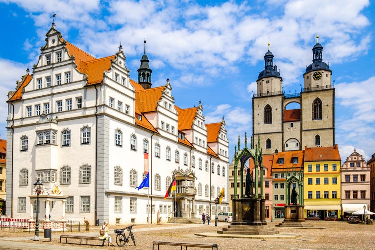 Photo of famous old town with historic buildings in Wittenberg, Germany.