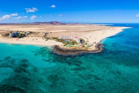 Photo of scenic aerial view of colorful traditional village of El Cotillo in Northen part of island. Canary islands of Spain.