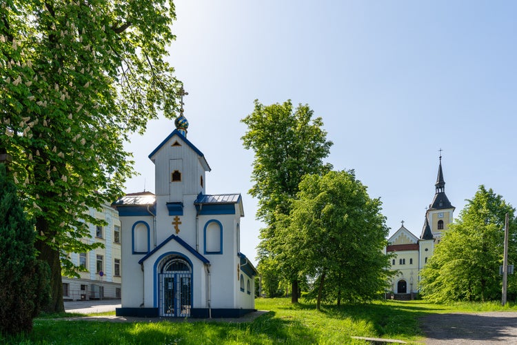 Photo of Orthodox and Catholic churches in Michalkovice district in Ostrava, Czech Republic.