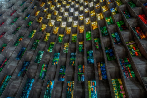 Photo of the baptistry window of Coventry Cathedral by John Piper, UK.
