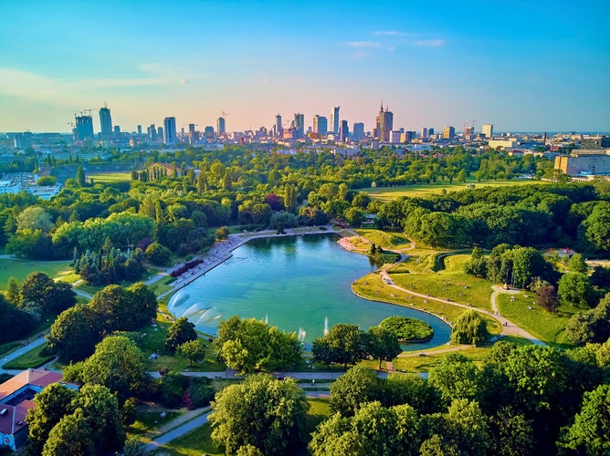 Photo of a beautiful panoramic aerial view of the sunset in a fabulous evening at Pola Mokotowskie in Warsaw, Poland.