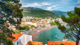 Photo of panoramic aerial view of old town of Budva, Montenegro.