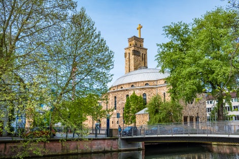 Photo of Sacred-Heart Church in Pforzheim with blue sky, Germany.