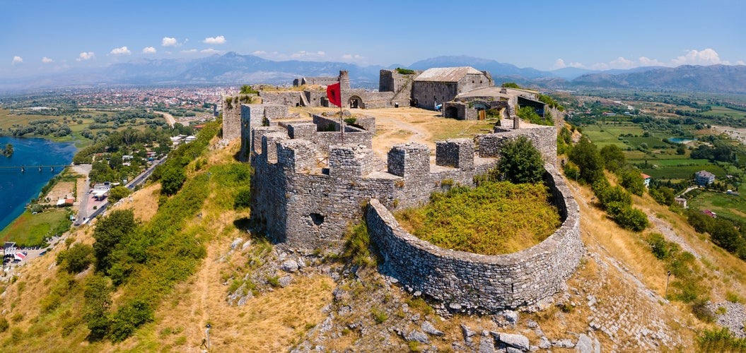 photo of an aerial view of the ruins of the Rozafa Castle located in the city of Shkoder in Albania.